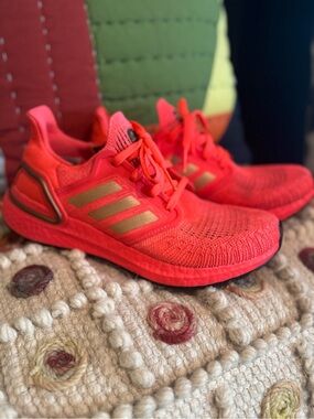 Adidas Women’s Ultra Boost Neon Red Knit Comfort Running Sneakers Gold Stripes